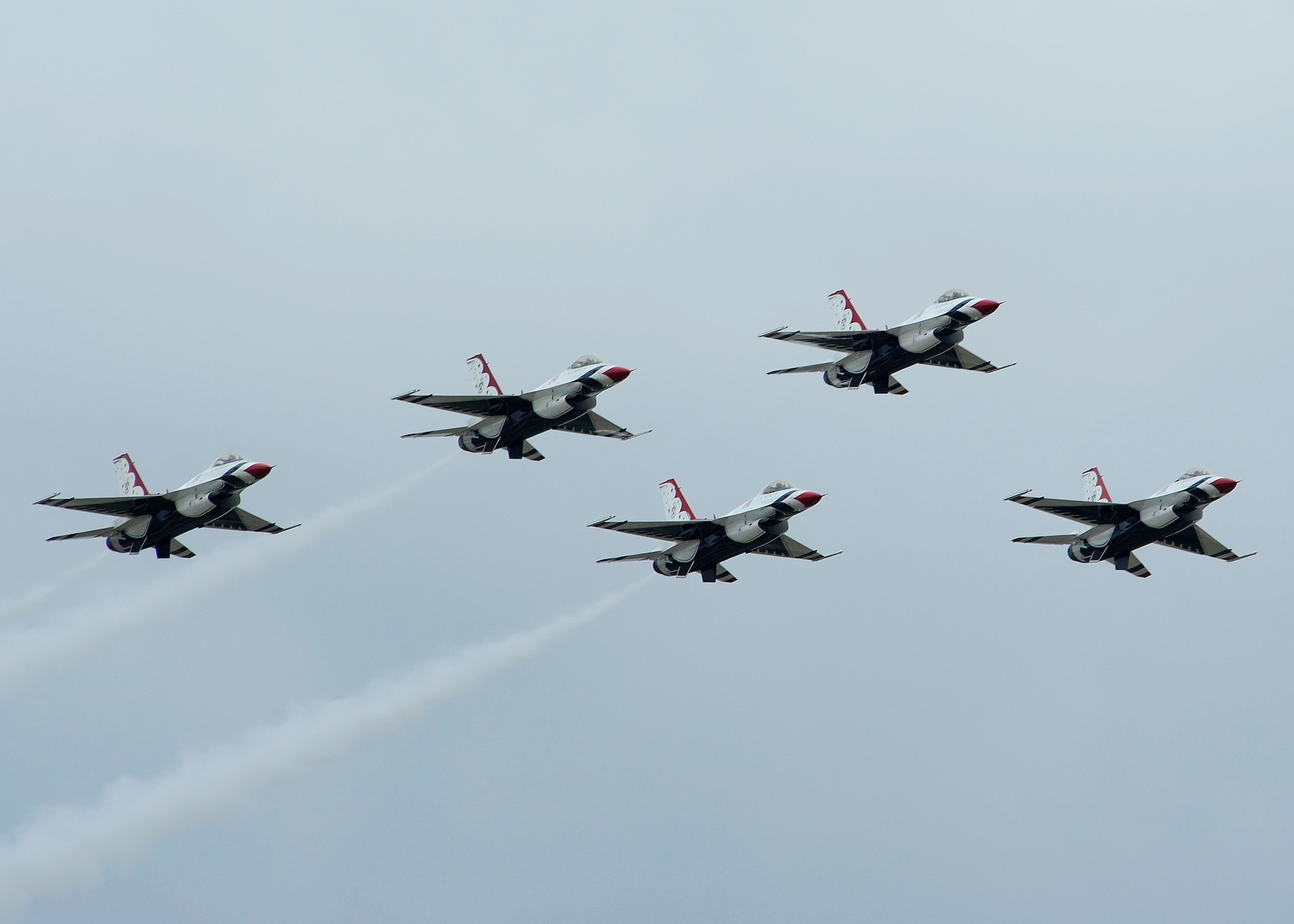 The U.S. Air Force Thunderbirds F-16 Fighting Falcons perform an aerial demonstration at Barksdale Air Force Base, La., April 24, 2014. The Air Force Air Demonstration Squadron Thunderbirds, based at Nellis Air Force Base, Nev., is the Air Force's premier aerial demonstration team, performing at air shows and special events worldwide. (U.S. Air Force photo/Senior Airman Joseph A. Pagán Jr.)