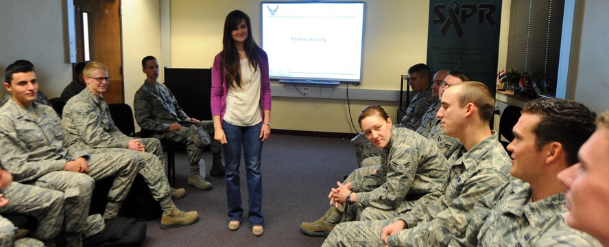 Kelly Dominguez, Sexual Assault Response Coordinator, initiates a discussion with first term Airmen during her Sexual Assault Prevention and Response brief April 24, 2014, at Dyess Air Force Base, Texas. The mission of a Sexual Assault Response Coordinator is to increase the understanding of the impact of sexual assault on individuals, the unit and the mission. This training emphasizes the wingman concept and the importance of the Air Force core values and respect on prevention, and to stress the significance of proper victim care. Training is provided to all military personnel and civilians on an annual basis at all levels. (U.S. Air Force photo by Airman 1st Class Autumn Velez/Released)