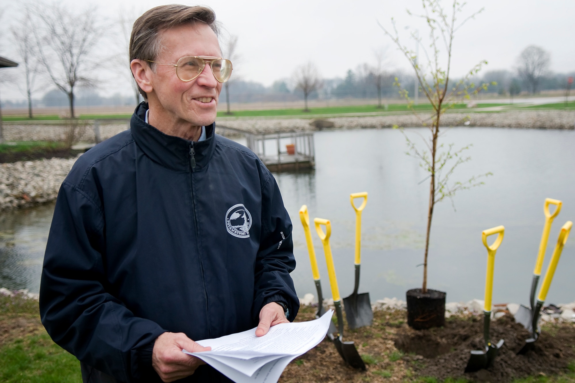 David Hughes, 434th Mission Support Group base civil engineer, gives a speech about the history of Arbor Day and the benefits trees provide during a ceremony at Grissom Air Reserve Base, Ind., April 25, 2014. During the last Friday of each April, Grissom joins with other communities around Indiana to celebrate the day. (U.S. Air Force photo/Tech. Sgt. Mark R. W. Orders-Woempner) 