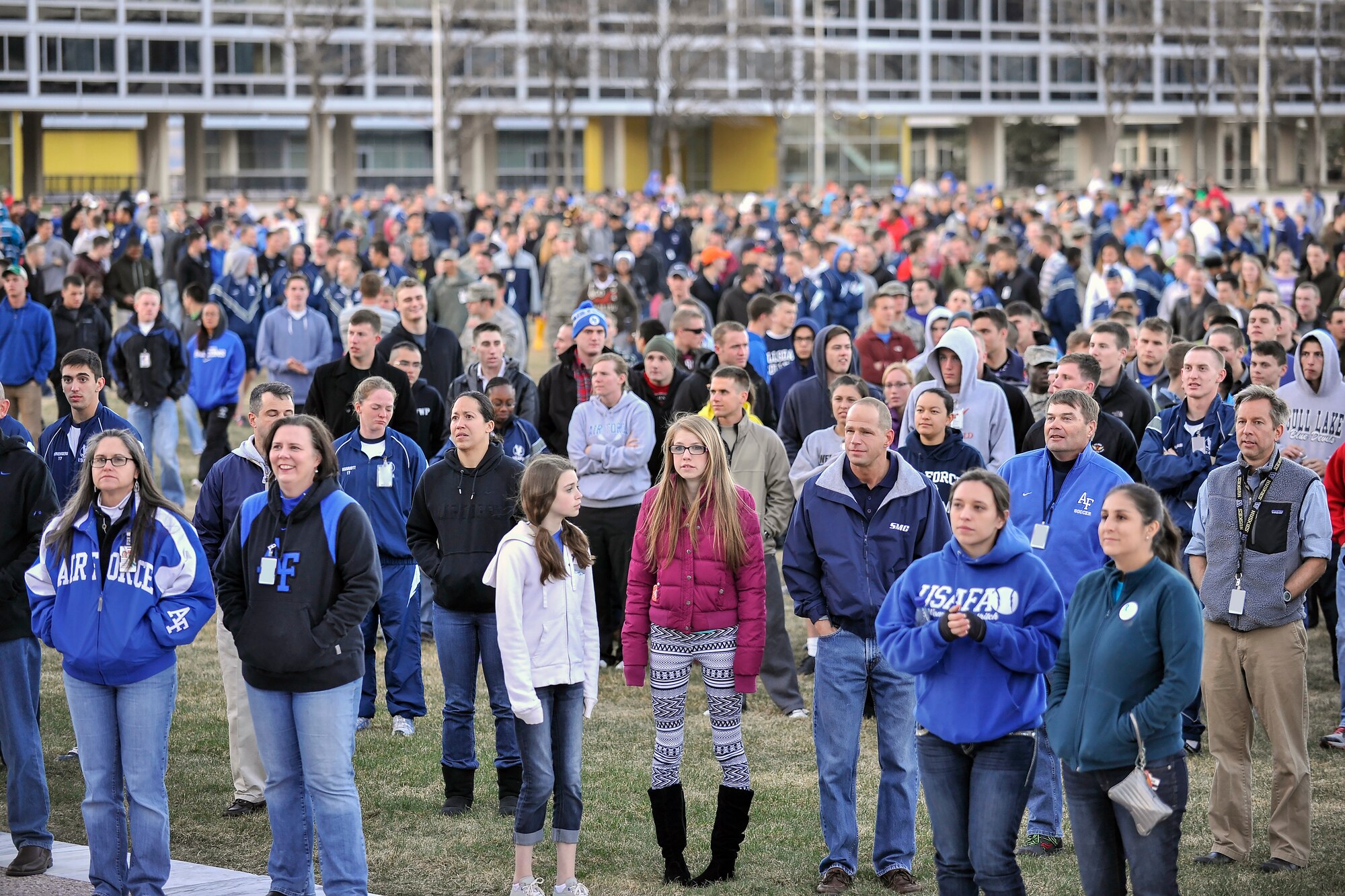 The Cadet Wing, Academy staff and family members meet on the terrazzo April 17 to "Take Back the night," an event recognizing Sexual Assault Awareness Month and affirming the Cadet Wing’s culture of respect. (Liz Copan/U.S. Air Force photo)