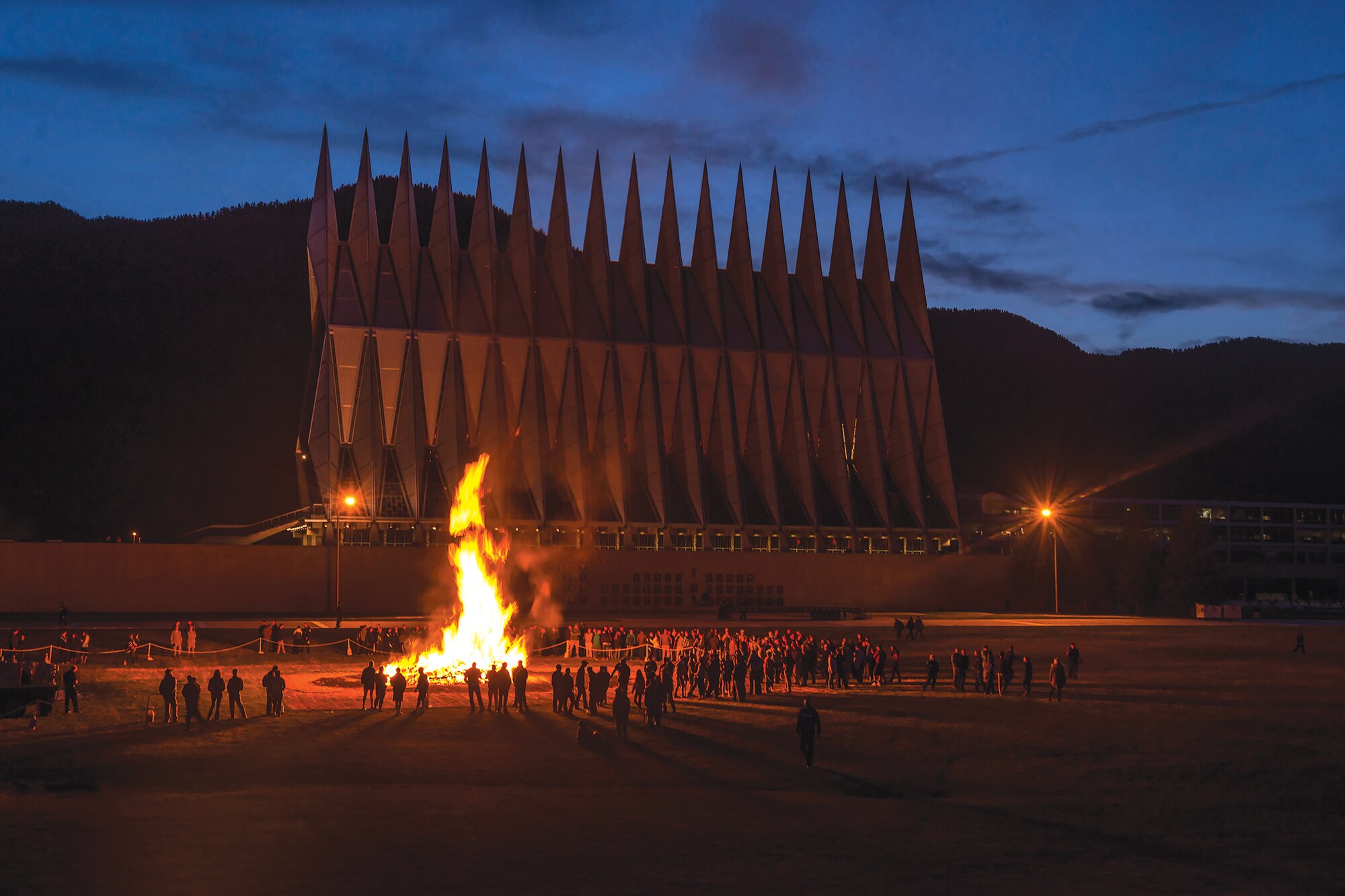 A bonfire burns on the terrazzo here April 17 during “Take Back the night,” an event recognizing Sexual Assault Awareness Month and affirming the Cadet Wing’s culture of respect. (Liz Copan/U.S. Air Force photo)