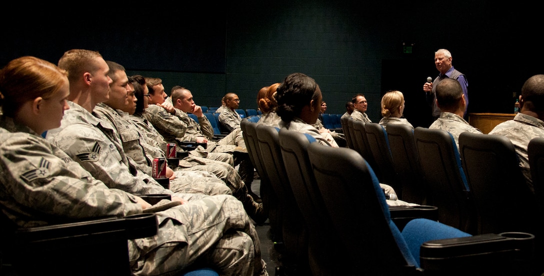 Retired Chief Master Sgt. of the Air Force Robert Gaylor speaks to a group of Airmen April 23, 2014, at Langley Air Force Base, Va. Gaylor discussed topics ranging from how the Air Force had changed over the years to the importance of taking pride in everyday work. (U.S. Air Force photo by Melissa Walther/released)
