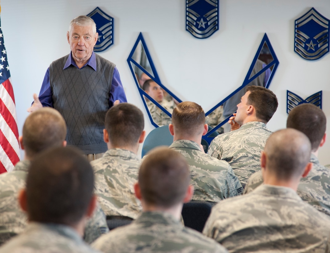 A group of Airmen from the First Term Airman Center and Airman Leadership School listen to a speech by retired Chief Master Sgt. of the Air Force Robert Gaylor on April 23, 2014 at Langley Air Force Base, Va. Gaylor highlighted the importance of a positive attitude and how it can impact personal and professional life. (U.S. Air Force photo by Melissa Walther/released)