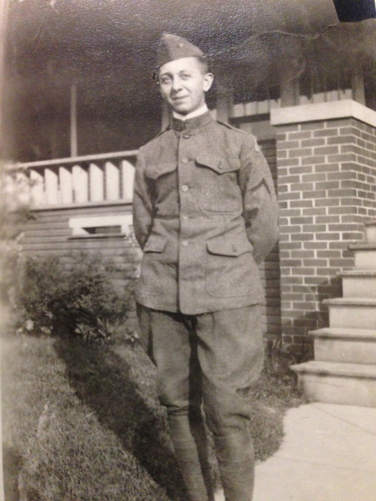 Warren Knoble, great-grandfather of U.S. Air Force Capt. Eric Hulshizer, is shown at home in Lafayette, Ohio, shortly before departing in 1918 for battle in France during World War I. Hulshizer, a native of Edmond, Okla., and deployed out of Robins Air Force Base, now carries the Bible in Afghanistan that Knoble carried in France nearly 100 years earlier.(U.S. Air Force photo by Senior Master Sgt. Gary J. Rihn/Released)