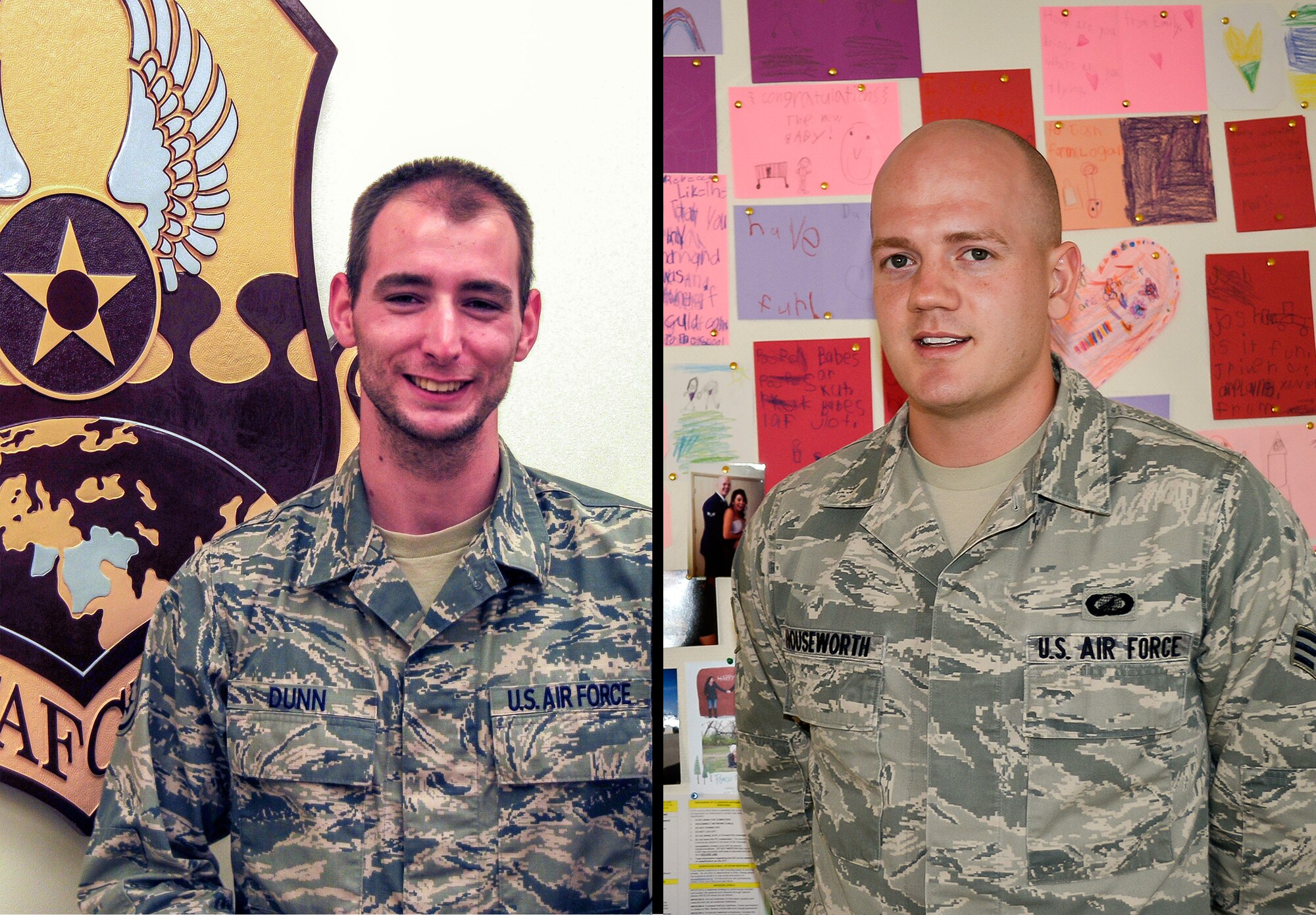 Staff Sgt. Mark Dunn (left) and Senior Airman Joshua Houseworth were awarded the Al Udeid Air Base Hard Charger Award for the month of April. The award was created by the Top 3 to recognize top performers who provide outstanding customer service and who do a job well done above their rank. Dunn is assigned to the 609th Air and Space Operations Center as a national tactical integration analyst who hails from Ashville, N.C., and is deployed from Joint Base Peral Harbor-Hickam, Hawaii. Dunn was nominated by Master Sgt. Dustin Dargis. Houseworth is assigned to the 379th Expeditionary Contracting Squadron as a contracting officer who hails from Paradise, Calif., and is deployed from McConnell Air Force Base, Kansas. Houseworth was nominated by Master Sgt. Sarah Gordon. (U.S. Air Force illistration by/Senior Airman Jared Trimarchi) 