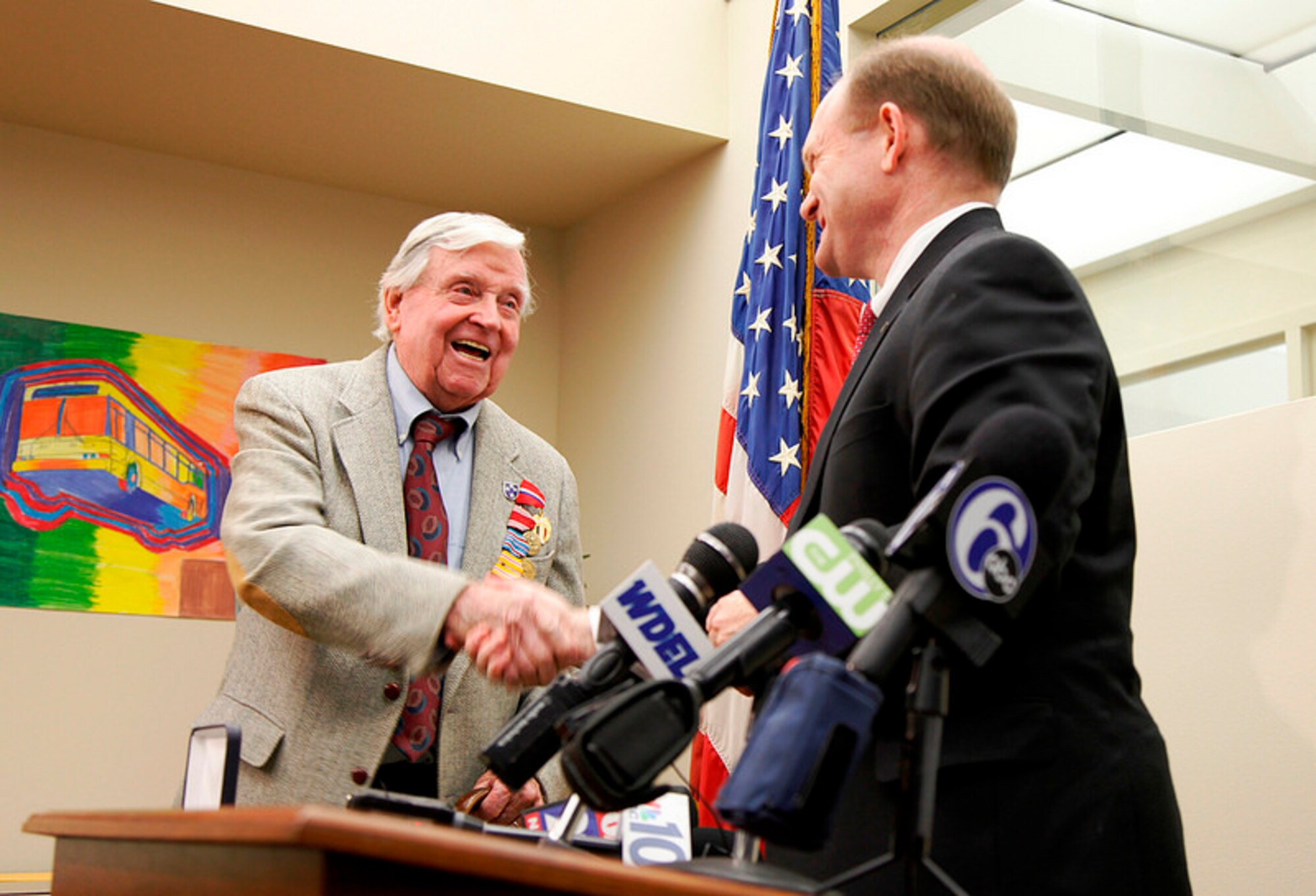 Francis Weaver, Army technician during World War II, was presented the Bronze Star Medal for his service in Afghanistan by U.S. Sen. Chris Coons of Delaware, April 17. Coons presented Weaver with five medals – the Good Conduct Medal, American Campaign Medal, Asiatic-Pacific Campaign Medal, World War II Victory Medal, and the Philippine Liberation Medal for his exemplary service as a member of the 23rd Infantry Division from 1944 to 1946. 