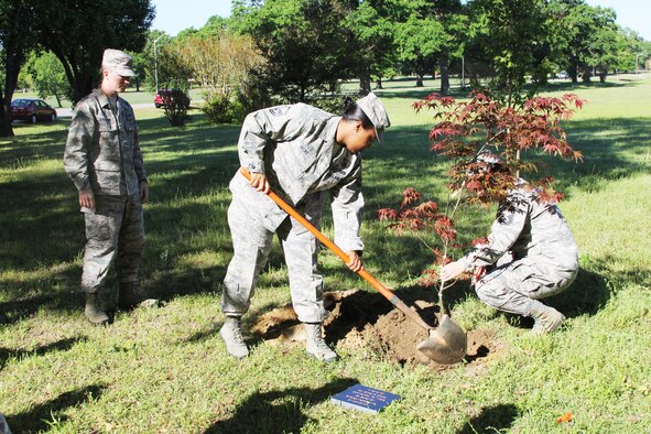 78th Medical Group members plant a Japanese Maple Monday during the Arbor Day Ceremony and Tree City USA Presentation. The tree was one of six planted during the ceremony and was dedicated to Col. James Dienst. The ceremony also included the Arbor Day Proclamation reading and signing, and the accepting of Robins' 21st consecutive Tree City USA Award from representatives of the Georgia Forestry Commission. (U.S. Air Force photo by Krista Mott)
