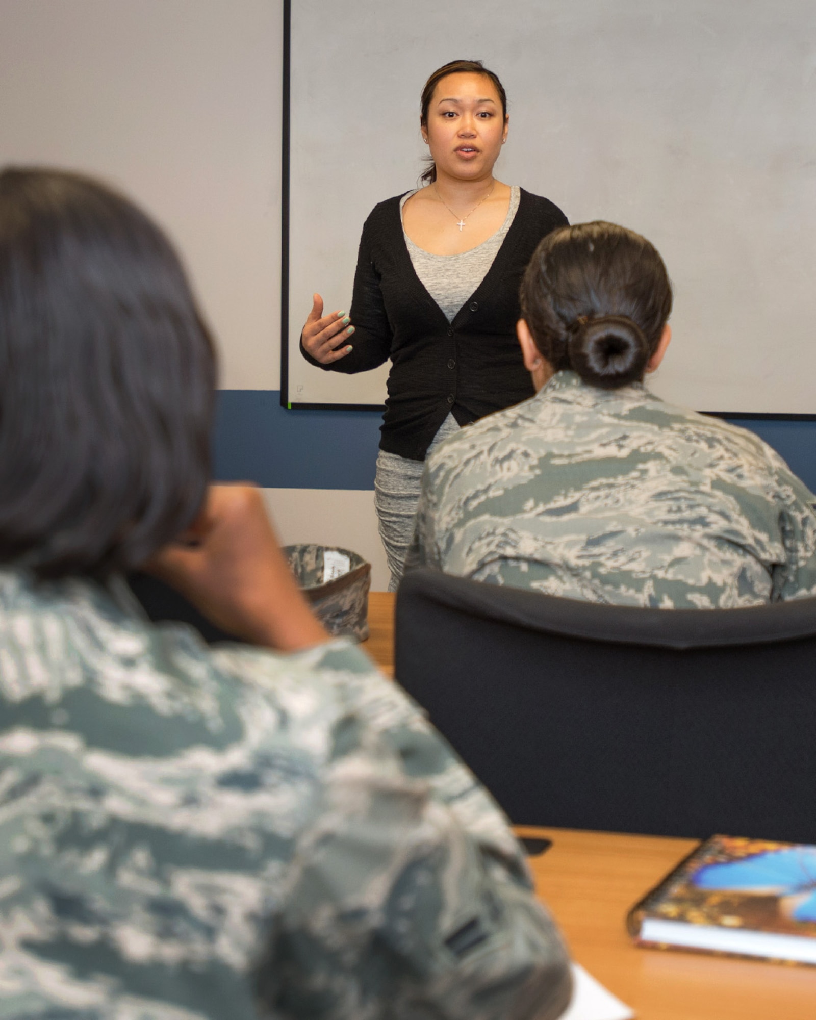 HANSCOM AIR FORCE BASE, Mass. – Jersouk Myers, 66th Air Base Group victim advocate, speaks with new Airmen about Hanscom’s Sexual Assault Prevention Response program during the First Term Airman Course April 21. FTAC is designed to help transition the Air Force’s first-term Airmen from a training environment to the operational Air Force and highlight their responsibilities as new Airmen. (U.S. Air Force photo by Rick Berry)