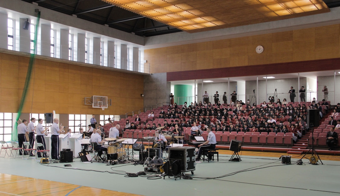 IBARAKI, Japan—Pacific Showcase, Band of the Pacific-Asia jazz ensemble, performs for students and teachers at Chigakukan Secondary School in Mito City, Ibaraki, Japan, April 16, 2014. The concert was part of a five-day outreach tour of the Northeast Kanto Region. (U.S. Air Force photo by Staff Sgt. Geoffrey Fisher)