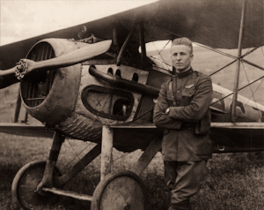 2nd Lt. Frank Luke Jr. with his biplane in the fields near Rattentout Farm, France, on Sept. 19, 1918.
