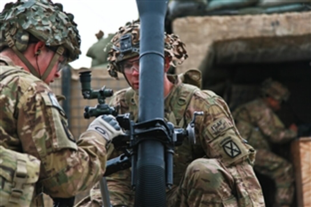 U.S. Army Pfc. Joshua Brown and Spc. Nicholas Morton check the settings on a target site during training on Forward Operating Base Lightning in Afghanistan's Paktia province, April 25, 2014. Brown and Morton are assigned to the 10th Mountain Division's 3rd Squadron, 71st Calvary Regiment, 3rd Brigade Combat Team.