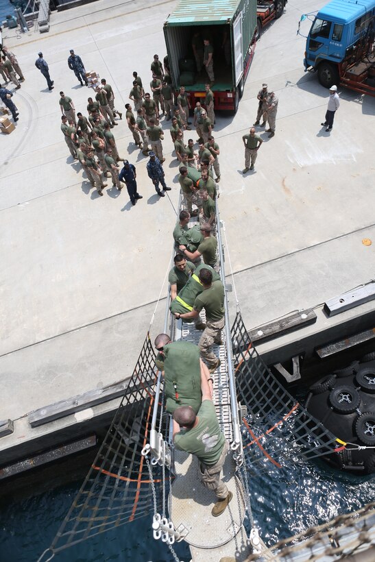 Marines and Sailors with 31st Marine Expeditionary Unit, pass sea bags down the ramp of the USS Ashland (LSD-48) as they disembark here, April 18. The 31st MEU is returning from its annual Spring Patrol, where it participated in the largest iteration of Exercise SSang Yong in the history of the bilateral event. The 31st MEU led the 3d Marine Expeditionary Brigade’s ground forces as Regimental Landing Team 31 during a simulated forceful entry in the Republic of Korea. The combat exercise was conducted alongside ROK Marine Corps and Navy forces, as well as soldiers of the Royal Australian Army to make a combined force of more than 13,000. 