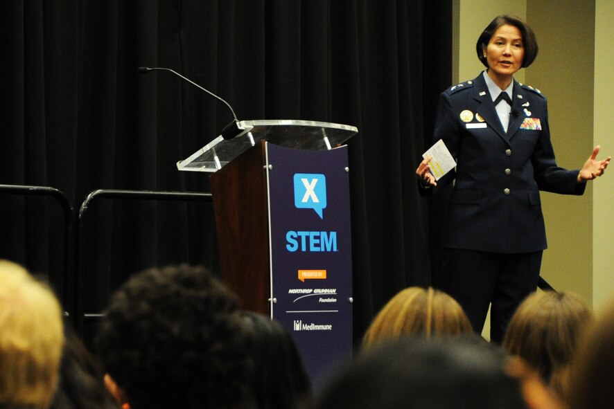 Air Force District of Washington Commander Maj. Gen. Sharon K. G. Dunbar explains how the U.S. Air Force uses science and technology to support national defense needs during the X-STEM Extreme STEM Symposium at the Walter E. Washington Convention Center in Washington D.C. April 24, 2014. The symposium, part of the 2014 USA Science & Engineering Festival, provides educational speakers for youth interested in science, technology, engineering and math. (U.S. Air Force photo/Staff Sgt. Matt Davis)