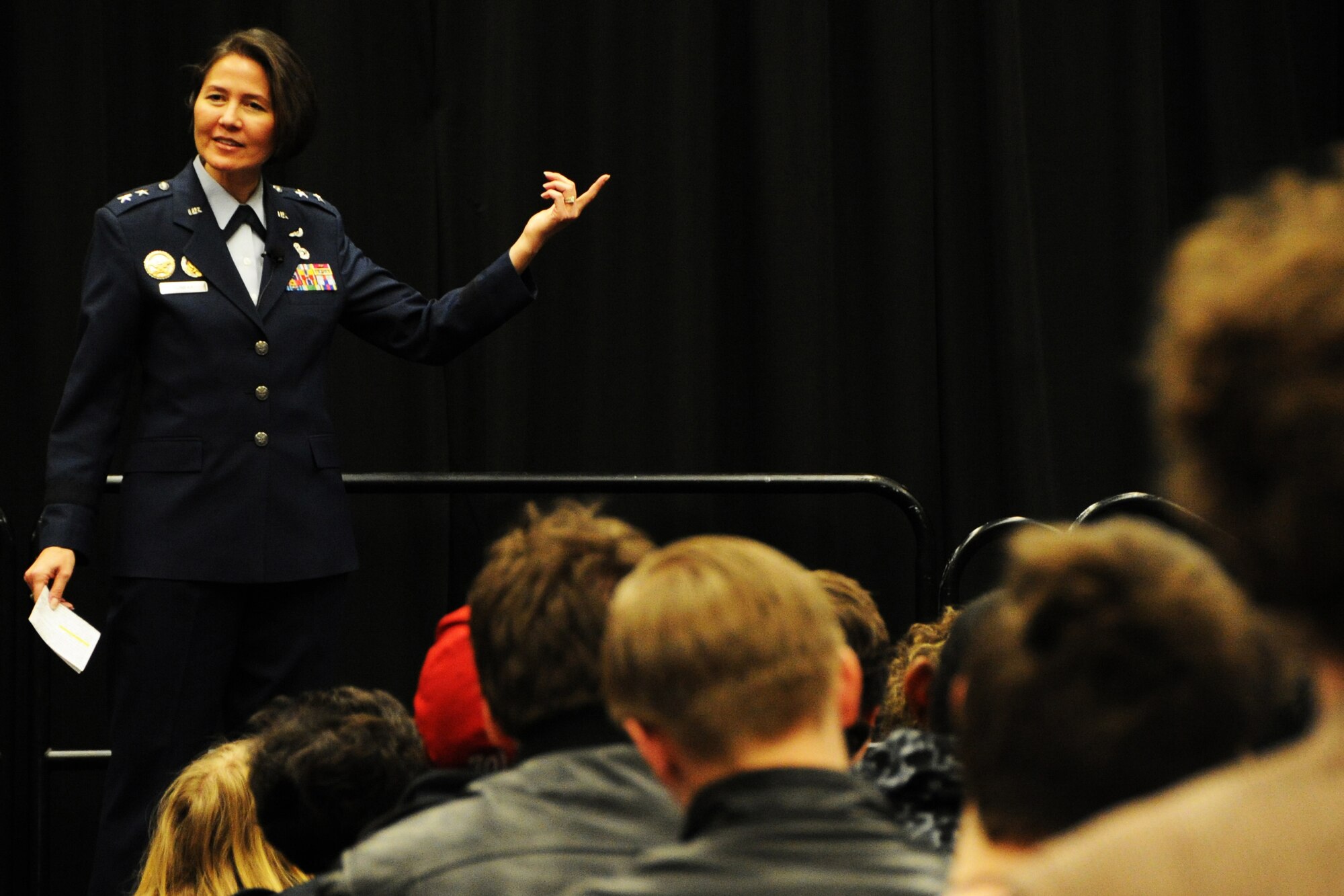 Air Force District of Washington Commander Maj. Gen. Sharon K. G. Dunbar explains how the U.S. Air Force uses science and technology to support national defense needs during the X-STEM Extreme STEM Symposium at the Walter E. Washington Convention Center in Washington D.C. April 24, 2014. The symposium, part of the 2014 USA Science & Engineering Festival, provides educational speakers for youth interested in science, technology, engineering and math. (U.S. Air Force photo/Staff Sgt. Matt Davis)