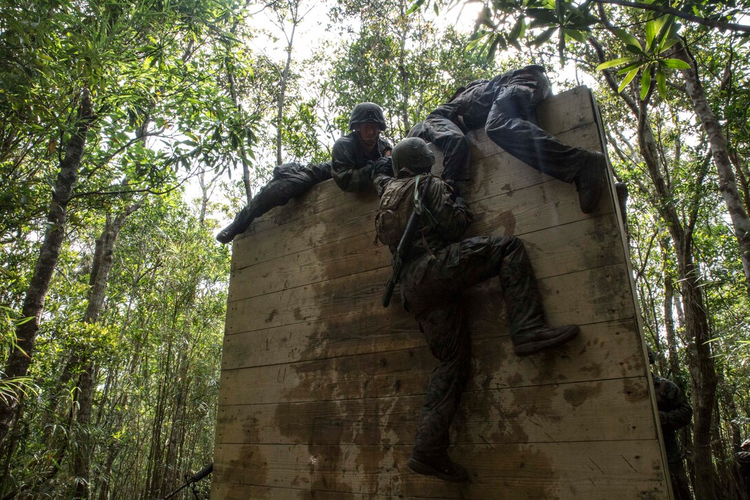A Marine is helped over a wall during an endurance course April 17 at the Jungle Warfare Training Center on Camp Gonsalves. The course spans several miles and requires participants to traverse an array of obstacles, which challenge the participants both physically and mentally. The Marines are with various units assigned to Combat Assault Battalion, 3rd Marine Division, III Marine Expeditionary Force. (U.S. Marine Corps photo by Cpl. Stephen D. Himes/Released)