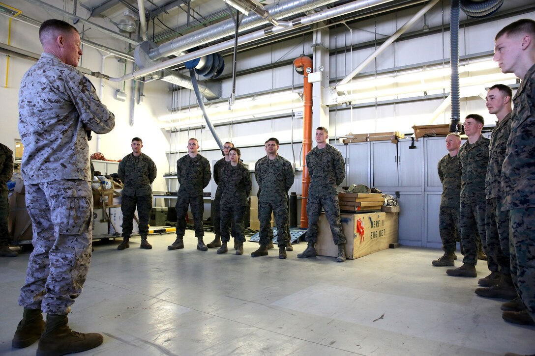 Brigadier Gen. Edward Banta, the commanding general of 2nd Marine Logistics Group, meets with Marines of Black Sea Rotational Force 14 with 3rd Battalion, 8th Marine Regiment, during his visit to Mihail Kogalniceanu Air Base, Romania, April 26, 2014. Black Sea Rotational Force 14 is a contingent of Marines and sailors tasked with maintaining positive relations with partner nations, regional stability and increasing interoperability while providing the capability for contingency response, as directed by U.S. European Command, in the Black Sea, Balkan and Caucasus regions of Eastern Europe. (Official Marine Corps photo by Lance Cpl. Scott W. Whiting, BSRF PAO/ Released)