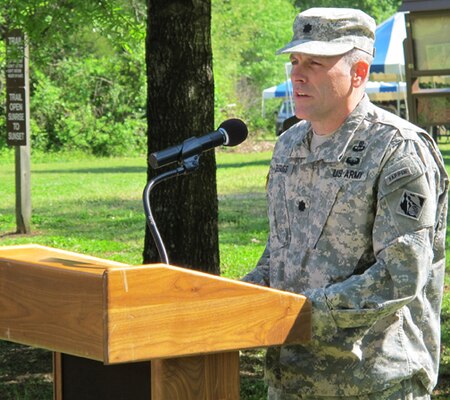 Lt. Col. William Burruss, Huntsville Center deputy commander, speaks to students during Earth Day opening ceremony at the Path to Nature April 24.              