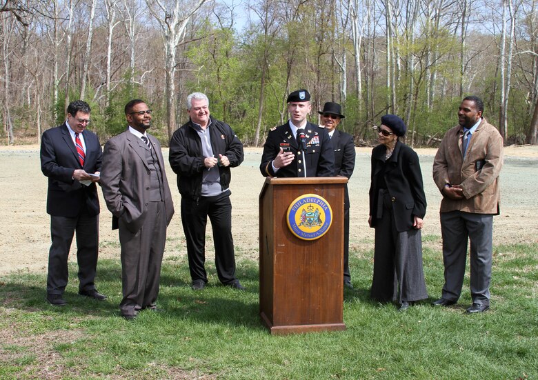 The U.S. Army Corps of Engineers' Philadelphia District and the Philadelphia Water Department celebrated the completion of the daylighting of the Indian Creek as part of the Cobbs Creek Watershed Habitat Restoration during an April 25, 2014 event. The event was attended by Congressman Bob Brady, Army Corps staff, city and state officials, community groups, and contractors. USACE Philadelphia District Commander Lt. Col. Chris Becking (speaking) said the project is a strong example of partnership and innovation.  