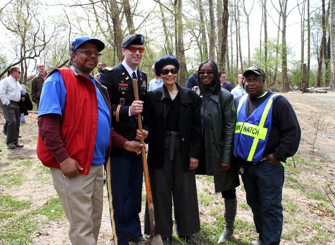 The U.S. Army Corps of Engineers' Philadelphia District and the Philadelphia Water Department celebrated the completion of the daylighting of the Indian Creek as part of the Cobbs Creek Watershed Habitat Restoration during an April 25, 2014 event at Morris Park in the Overbrook section of Philadelphia. Army Corps leadership and staff, city and state officials, community groups, and contractors planted a ceremonial tree during the event.