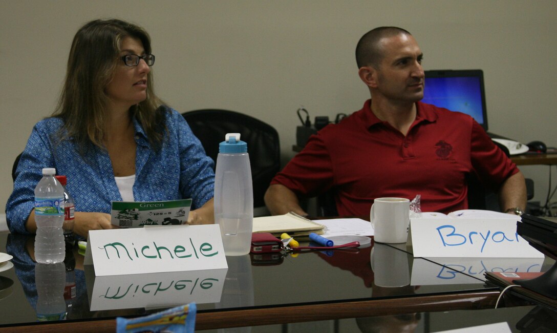 JACKSONVILLE, FLA. - (Right) Maj. Bryan Eovito, the commanding officer of Recruiting Station Jacksonville, and his wife Michele Eovito participate in the Real Colors class at Recruiting Station Jacksonville headquarters, April 25, 2014. The Real Colors training is designed to benefit recruiters and their spouses by helping them understand each other’s personalities, strengths, needs, values, and joys. Real Colors training is periodically conducted at the various recruiting stations throughout the district in an effort to help couples thrive in their marriages and manage the demands of recruiting duty. (U.S. Marine Corps photo by Lance Cpl. Stanley Cao)
