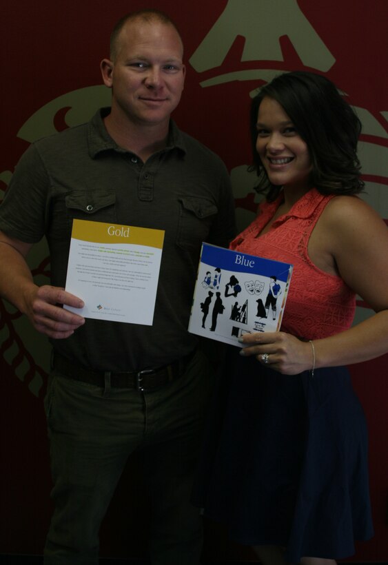 JACKSONVILLE, FLA. - (Left) Staff Sgt. Steven Heflin, Recruiting Station Jacksonville operations clerk, and his wife, Sam Heflin, pose for a photo after the Real Colors class at Recruiting Station Jacksonville headquarters, April 25, 2014. The Real Colors training is designed to benefit recruiters and their spouses by helping them understand each other’s personalities, strengths, needs, values, and joys. Real Colors training is periodically conducted at the various recruiting stations throughout the district in an effort to help couples thrive in their marriages and manage the demands of recruiting duty. (U.S. Marine Corps photo by Lance Cpl. Stanley Cao)