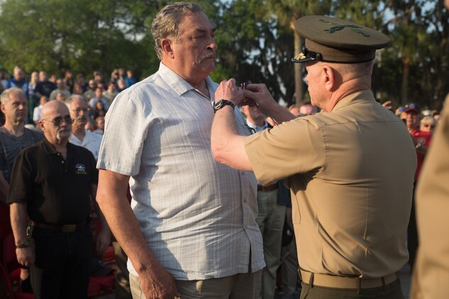 After 48 years, Sgt. James A. Reeves was surprised when his buddies from boot camp arranged for him to be formally presented with the Silver Star during the morning colors ceremony April 25, 2014, on Parris Island, S.C.