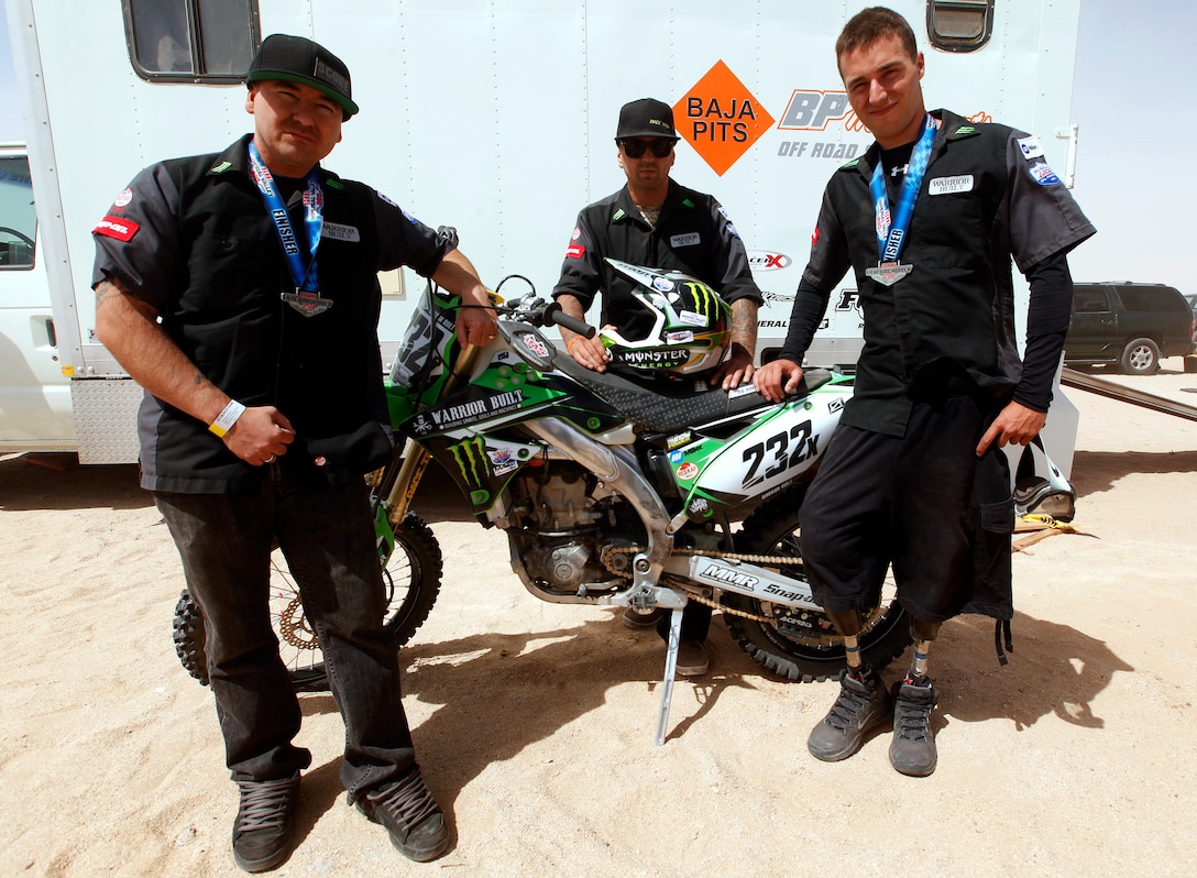 1st Sgt. Nick Hamm, Nick Siemens, and Jesse Williamson are all Marines that raced for Warrior Built in the Inaugural Imperial Valley 250 off-road race was run on Saturday, April 26 near Plaster City, California. 

Marines and civilian employees from Camp Pendleton participated in the race and worked as pit crew members. The race was approximately 249 miles long and is a preparation race for the Baja 1000 off-road race. Several different classes of race vehicles participated in the Imperial Valley 250 such as: motocross bikes, quads, buggies, and trophy trucks. 

Hamm is a 1st Sergeant with School of Infantry-West, Siemens is a combat veteran with 2nd Battalion, 1st Marine Regiment, and Williamson combat veteran with 2nd Battalion, 3rd Marine Regiment. Warrior Built is a company built by combat veterans for combat veterans to help them with healing process using vocational therapy and recreational therapy.