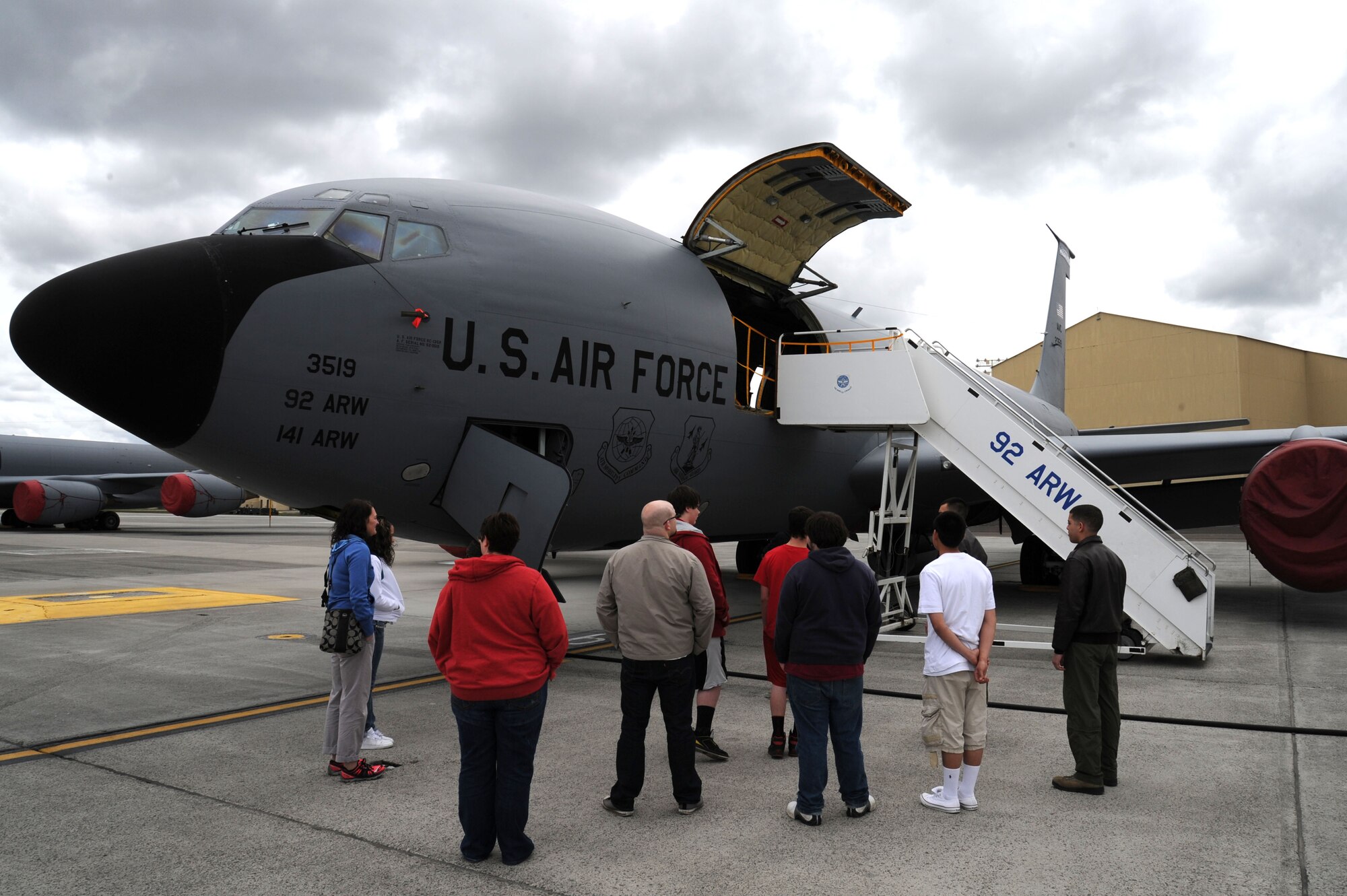 Bancroft High School students walkthrough a KC-135 Stratotanker during a base tour at Fairchild Air Force Base, Wash., April 25, 2014. The students received a static display of a KC-135 to better understand Fairchild's mission. (U.S. Air Force photo Airman 1st Class Sam Fogleman/Released)