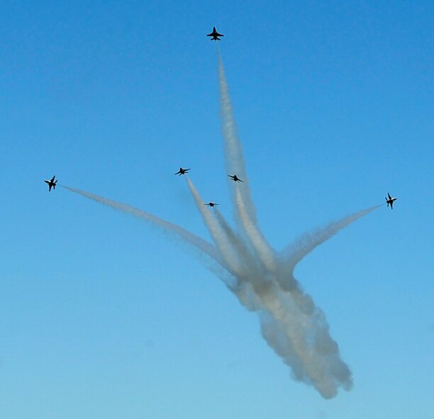 The U.S. Air Force Thunderbirds perform a Delta Burst maneuver during the Defenders of Liberty Air Show at Barksdale Air Force Base, La., April 26, 2014. The Thunderbirds is an Air Combat Command unit composed of eight pilots, including six demonstration pilots, four support officers, three civilians and more than 130 enlisted personnel performing in 25 career fields. (U.S. Air Force photo/Senior Airman Kristin High) 