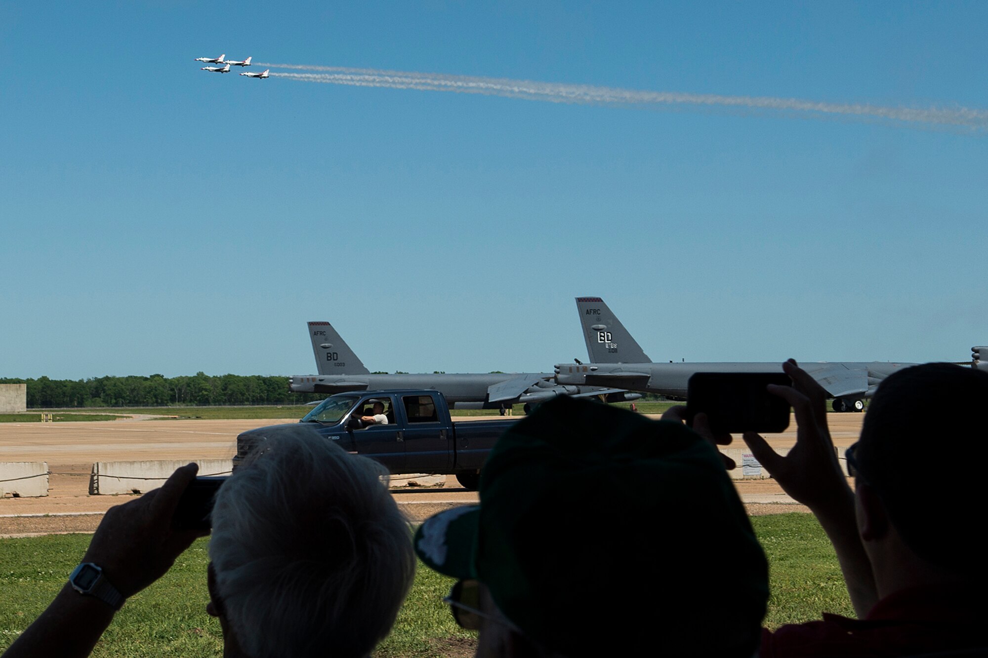 Attendees of the 307th Bomb Wing Combined Bomber/Tanker Reunion were able to watch the U.S. Air Force Thunderbirds practice for the upcoming Defenders of Liberty Air Show, April 25, 2014, Barksdale Air Force Base, La. The reunion was held in Bossier City, La., which gave attendees a chance to tour Barksdale and spend the following day at the air show. (U.S. Air Force photo by Master Sgt. Greg Steele/Released)