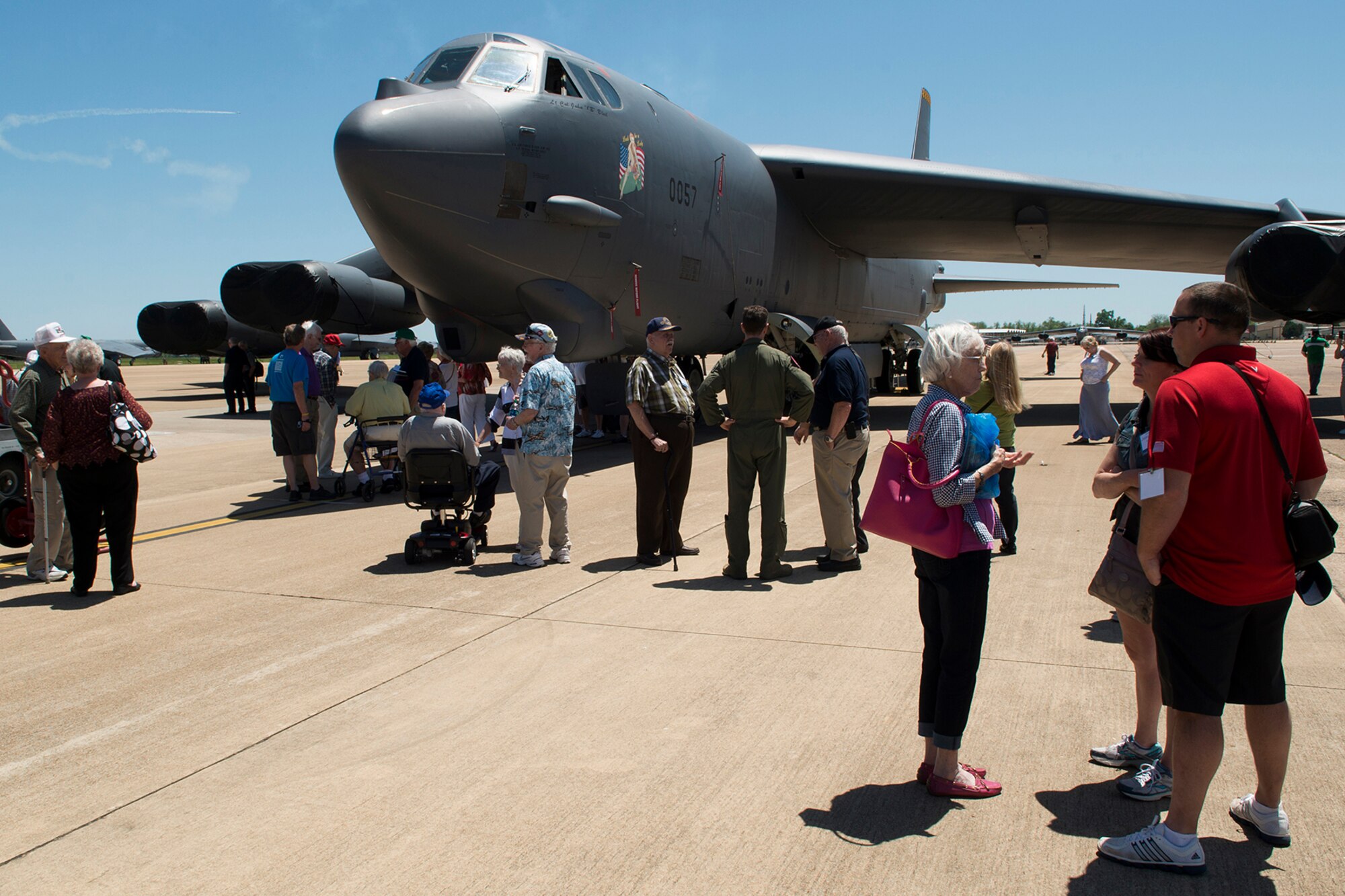 Attendees of the 307th Bomb Wing Combined Bomber/Tanker Reunion get a tour of a 93rd Bomb Squadron B-52H Stratofortress, April 25, 2014, Barksdale Air Force Base, La. The attendees spent the day on base touring the Barksdale Global Power Museum and the current 307th Bomb Wing headquarters building. (U.S. Air Force photo by Master Sgt. Greg Steele/Released)