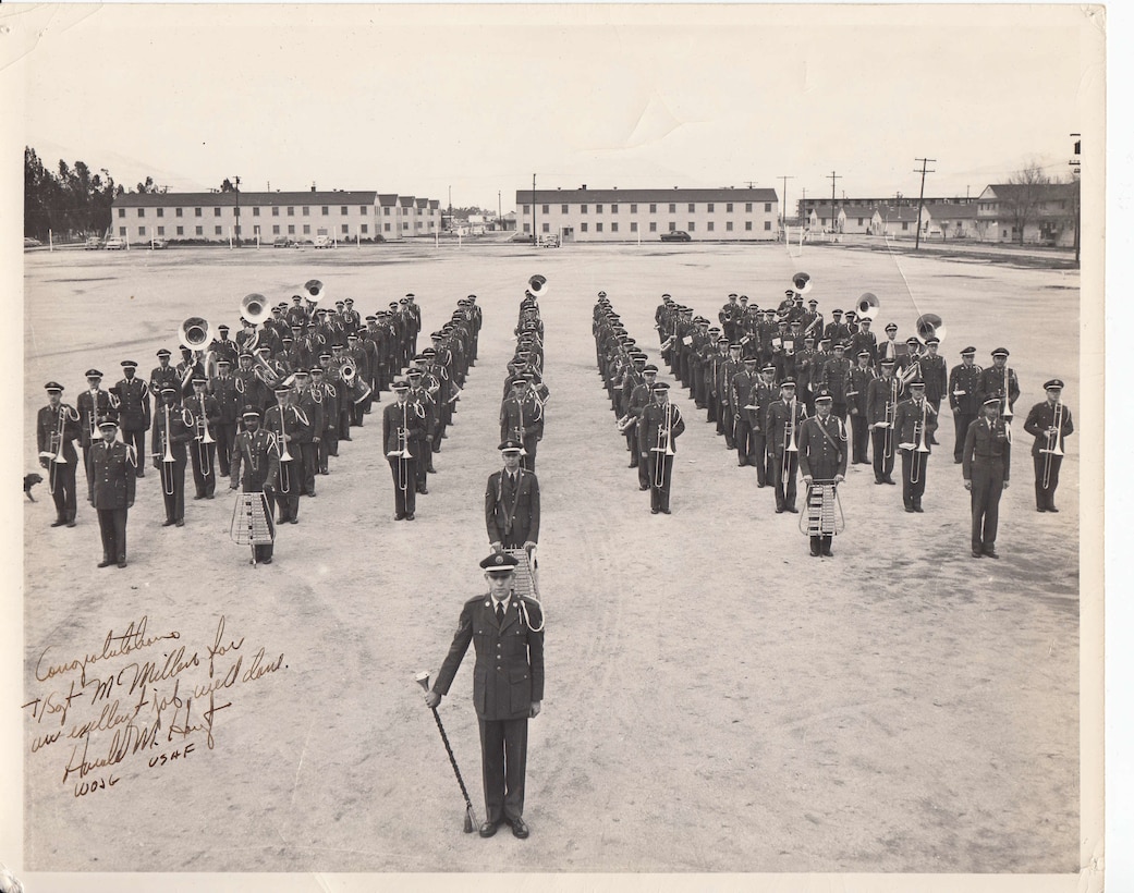Band of the Golden West at Livermore, CA community event, May 1952, Tech SGT James McMillen, Drum Major, WO Louis Lanyon, Bandleader