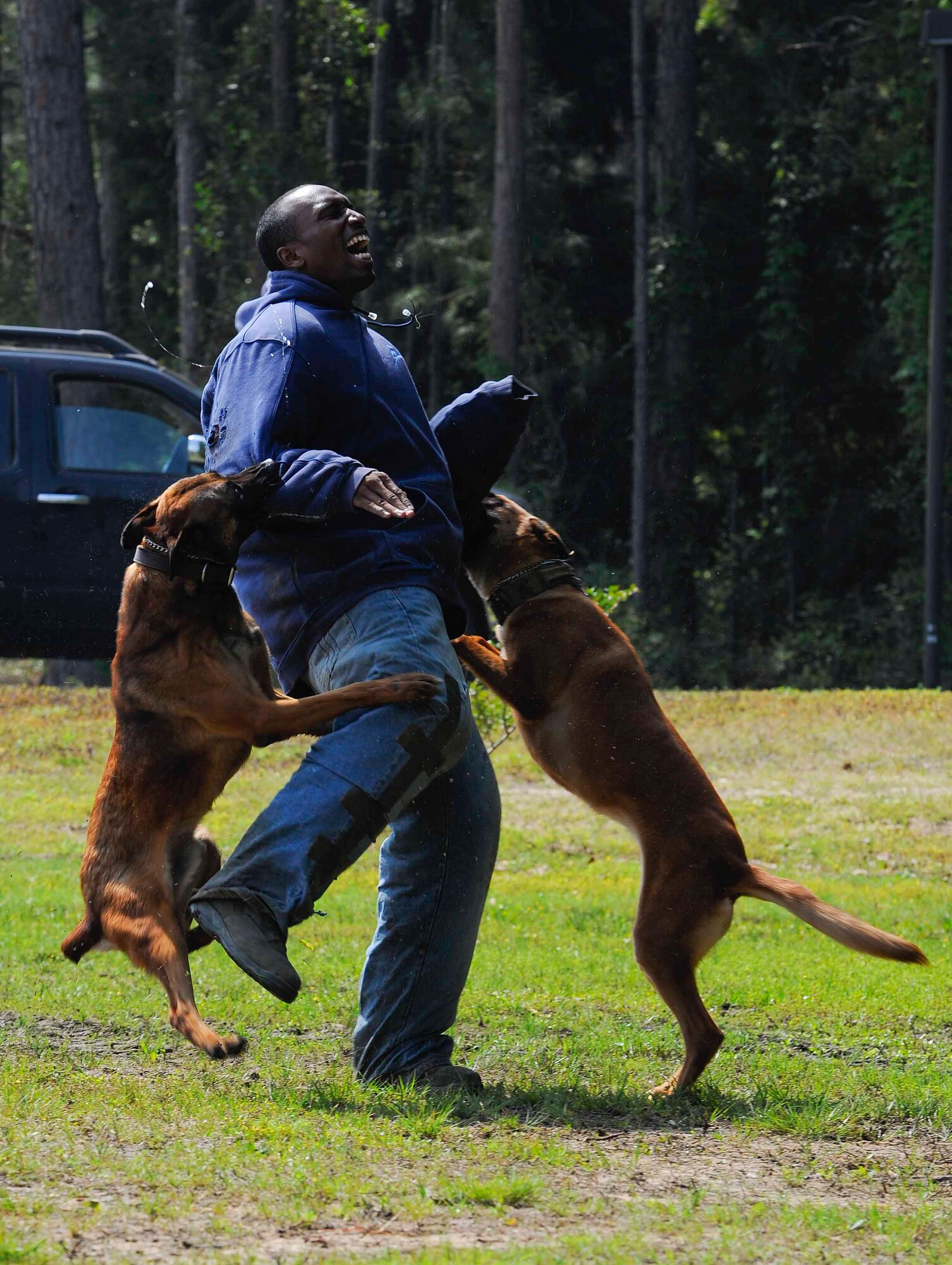 Staff Sgt. Terrell Beasley, 1st Special Operations Security Forces Squadron military working dog handler, simulates being attacked by military working dogs at Hurlburt Field, Fla., April 26, 2014. The demonstration was part of Kids Understanding Deployment Operations. (U.S. Air Force photo/Airman 1st Class Andrea Posey)