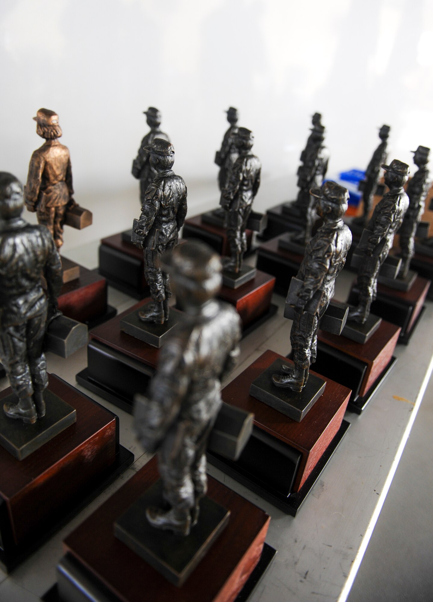 Trophies are displayed on a table during the 2014 Maintenance Professional of the Year banquet at Moody Air Force Base, Ga., April 25, 2014. Airmen were nominated for awards based on their job performance throughout the year. (U.S. Air Force photo by Airman 1st Class Alexis Millican/Released)