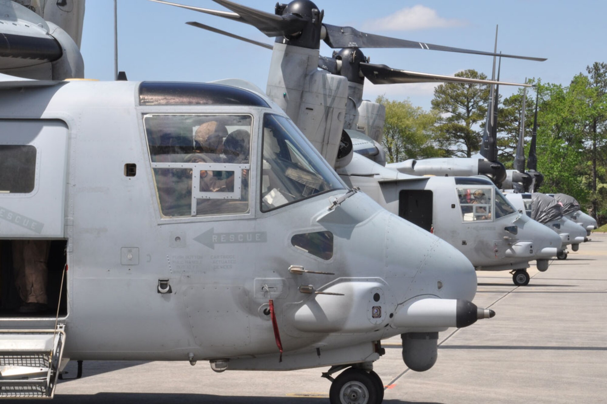 U.S. Marines from the Marine Medium Tiltrotom Squadron, 264th Marine Corps Air Station, New River, N.C. arrive at Dobbins Air Reserve Base, Ga., April 25, 2014 in two MV-22b Ospreys to conduct deployment training. The Marines are using Dobbins ARB as a forward operating base for various exercises that simulate their mission in a deployed environment. (U.S. Air Force photo/Senior Airman Miles Wilson)