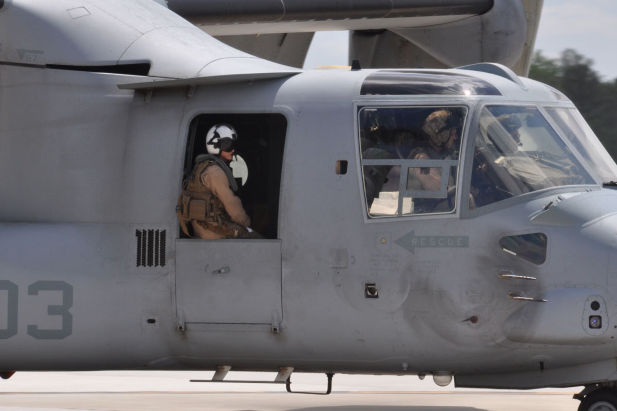 U.S. Marines from the Marine Medium Tiltrotom Squadron, 264th Marine Corps Air Station, New River, N.C. arrive at Dobbins Air Reserve Base, Ga., April 25, 2014 in two MV-22b Ospreys to conduct deployment training. The Marines are using Dobbins ARB as a forward operating base for various exercises that simulate their mission in a deployed environment. (U.S. Air Force photo/Senior Airman Miles Wilson)