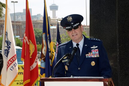 Air Force Gen. Robin Rand, Air Education Training and Command commander, speaks at the Fiesta 2014 All Veterans Memorial Service in Veterans Square, San Antonio. Since its origin in 1891, Fiesta has honored the heroes of the Alamo and the Battle of San Jacinto. The Alamo Chapter 366 Vietnam Veterans of America’s memorial service, attended by veterans, and their spouses and survivors, veterans groups, and the general public, tributes the dedication and sacrifice of past and present U.S. military members. (U.S. Air Force photo by Johnny Saldivar)