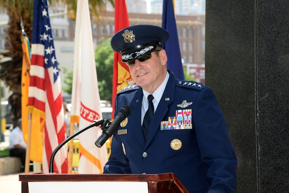 Air Force Gen. Robin Rand, Air Education Training and Command commander, speaks at the Fiesta 2014 All Veterans Memorial Service in Veterans Square, San Antonio. Since its origin in 1891, Fiesta has honored the heroes of the Alamo and the Battle of San Jacinto. The Alamo Chapter 366 Vietnam Veterans of America’s memorial service, attended by veterans, and their spouses and survivors, veterans groups, and the general public, tributes the dedication and sacrifice of past and present U.S. military members. (U.S. Air Force photo by Johnny Saldivar)