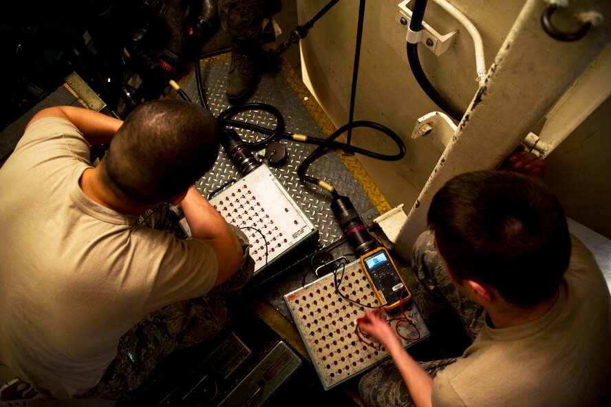 Senior Airman Nathanial Rega and Airman 1st Class Maxwell Clement, 91st Missile Maintenance Squadron electro-mechanical team maintenance technicians, work with the electrical power test set during training at Minot Air Force Base, N.D., April 09, 2014. The 91st Maintenance Group is responsible for providing maintenance and logistics support for the wing's ICBM fleet. (U.S. Air Force photo/Senior Airman Brittany Y. Auld)