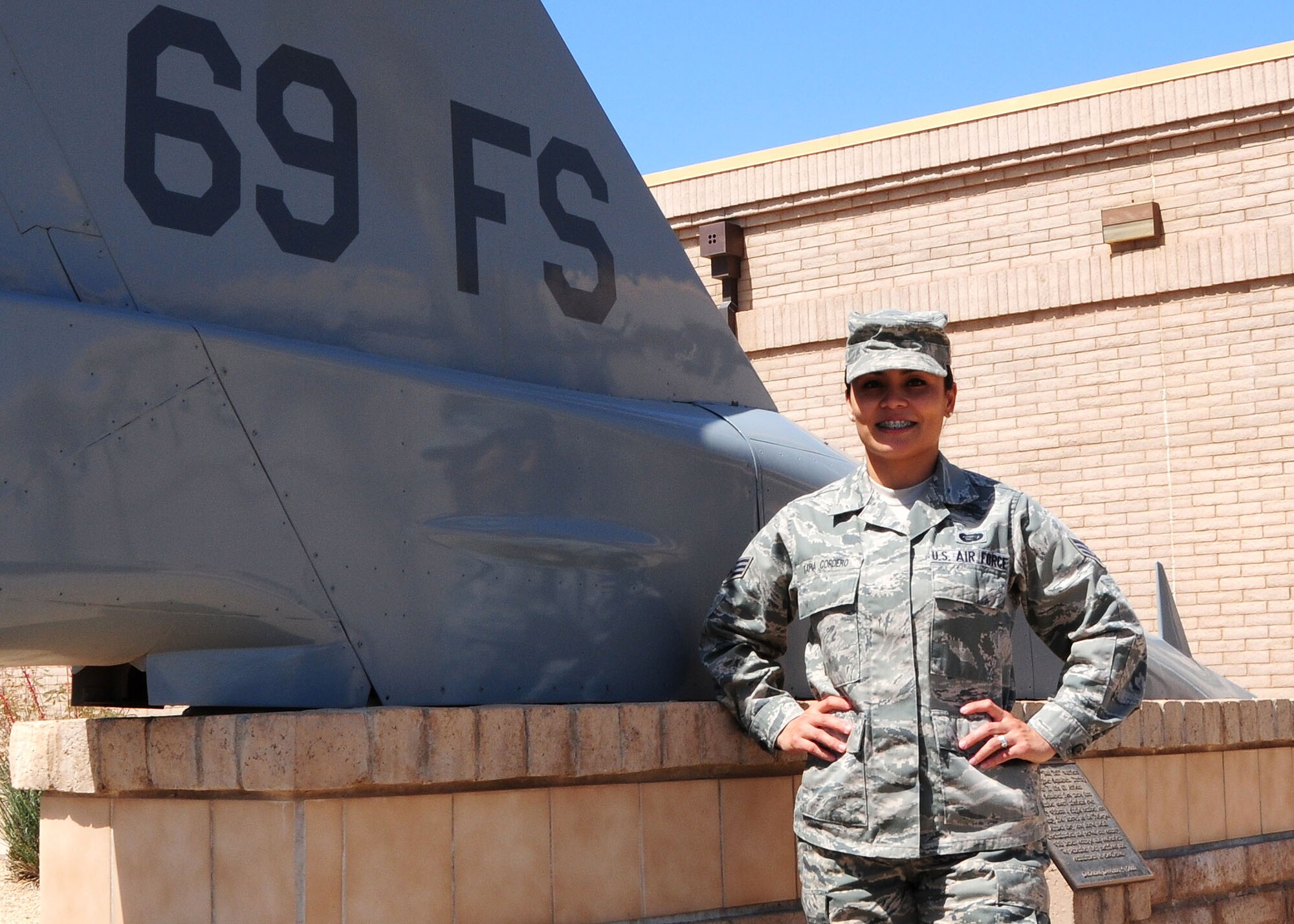 Senior Airman Perla Tapia-Cordero, 69th Fighter Squadron personnel journeyman, won the 10th Air Force Airman of the Year Award. (U.S. Air Force photo/Tech. Sgt. Louis Vega Jr.)