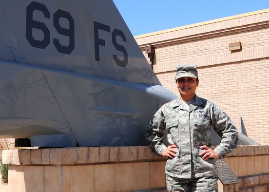 Senior Airman Perla Tapia-Cordero, 69th Fighter Squadron personnel journeyman, won the 10th Air Force Airman of the Year Award. (U.S. Air Force photo/Tech. Sgt. Louis Vega Jr.)