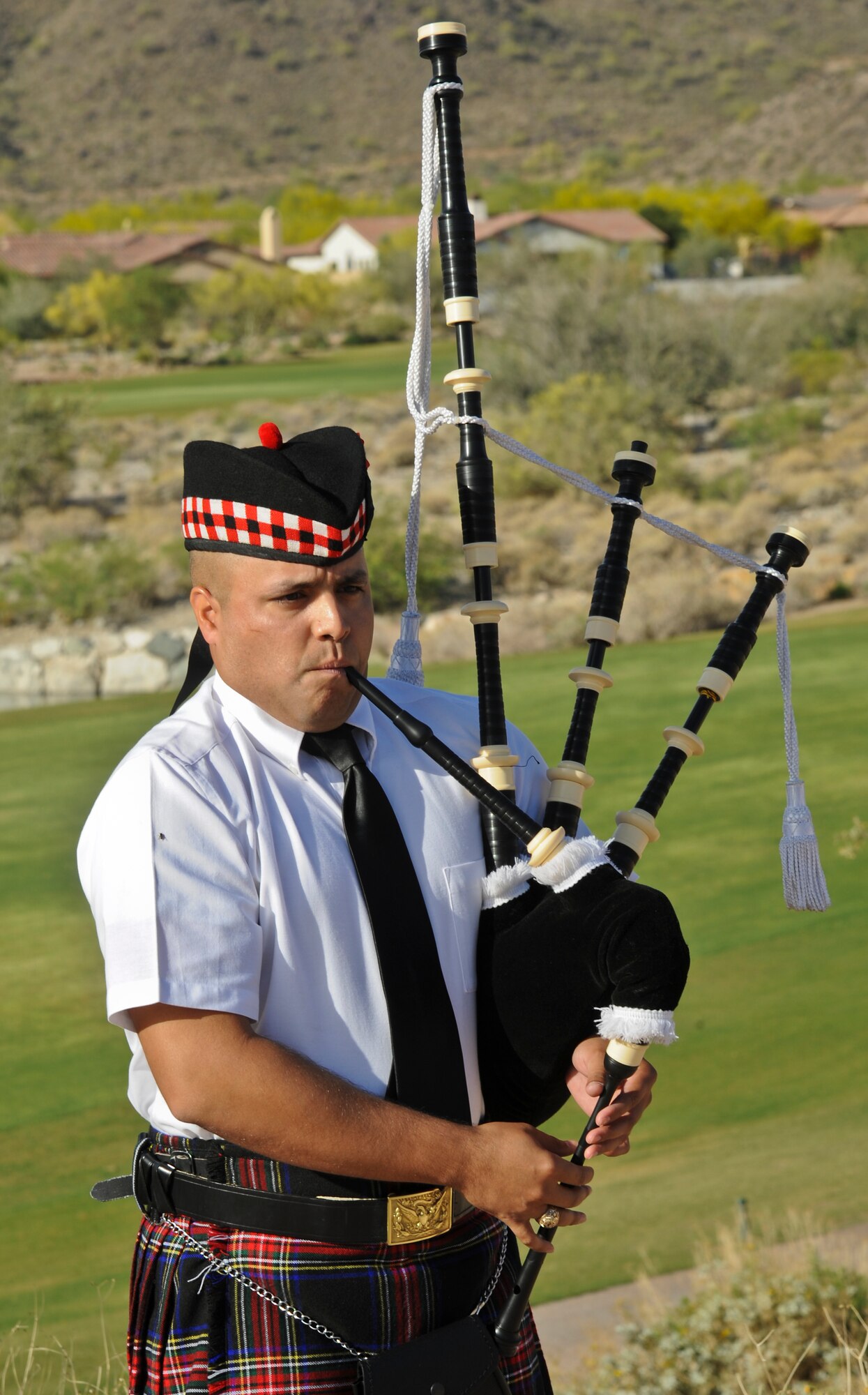 Staff Sgt. Brett Chapman, 56th MDOS mental health technician, plays the bagpipes. (U.S. Air Force photo/Staff Sgt. Darlene Seltmann)