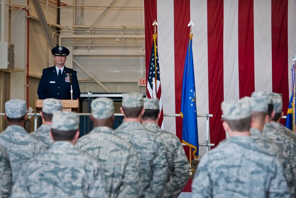 Lt. Col. Casey Ward speaks to the 6th Special Operations Squadron for the first time as its commander during a change of command ceremony at Duke Field, Fla., April 25.  The 6th SOS is an active-duty combat aviation advisor squadron located at Duke Field Fla.  They work directly with the Reserve’s 5th Special Operations Squadron flying aviation foreign internal defense aircraft.  (U.S. Air Force photo/Tech. Sgt. Samuel King Jr.)