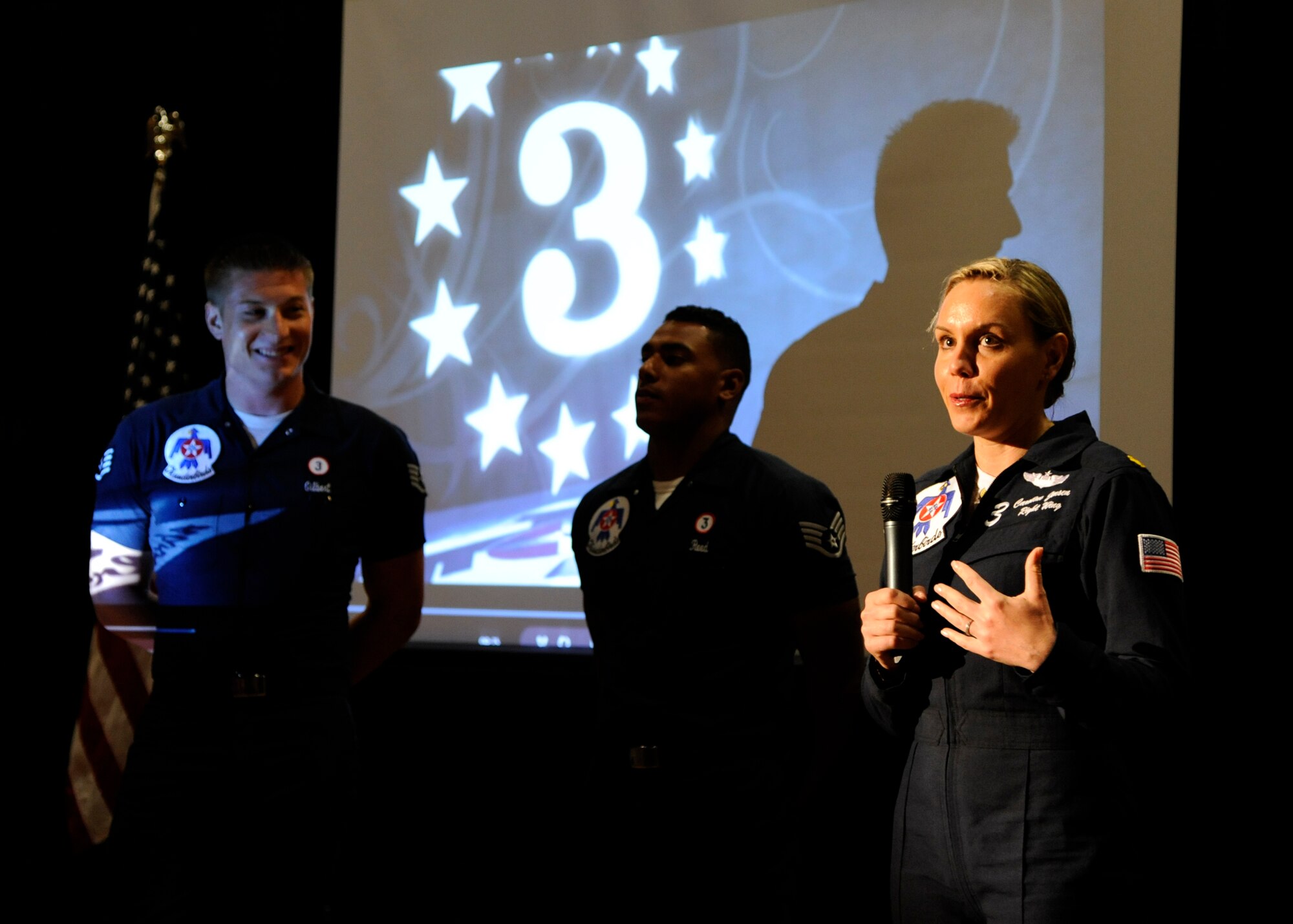 Maj. Caroline Jensen, U.S. Air Force Thunderbirds, speaks to students at Parkway High School in Bossier City, La., April 25, 2014. Jensen spoke about the history of women flying fighter jets and her childhood dream of one day becoming a Thunderbird. (U.S. Air Force photo/Senior Airman Joseph A. Pagán Jr.)