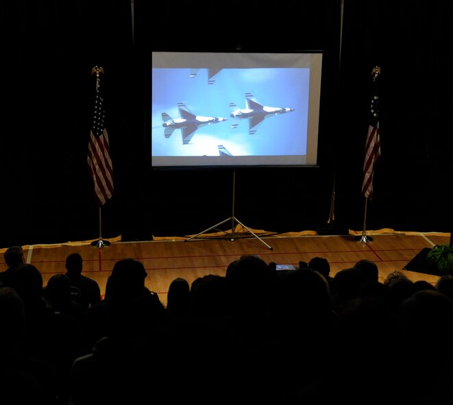 Parkway High School students watch a video presentation about the U.S. Air Force Thunderbirds in Bossier City, La., April 25, 2014. Performers from the 2014 Defenders of Liberty Air Show visited members of the local community to promote the Air Show, April 26-27. (U.S. Air Force photo/Senior Airman Joseph A. Pagán Jr.)