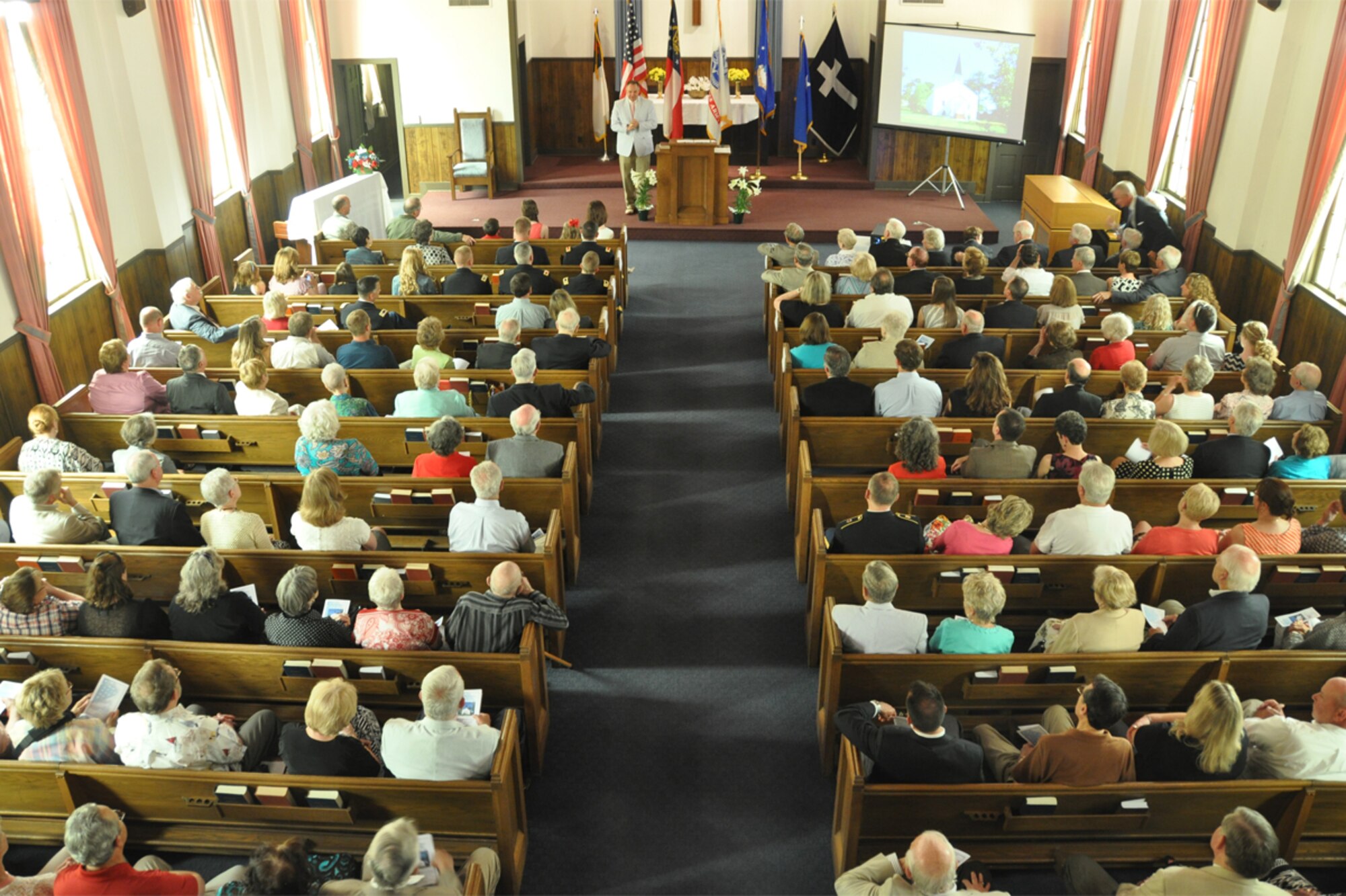 Maj. Gen. James B. Butterworth, adjutant general of the Georgia National Guard during a Rededication and Transfer of Ownership Ceremony at the Gen. Lucius D. Clay National Guard Center April 27. The chapel was relocated from Dobbins Air Reserve Base to the Clay NGC in March 2013. (U.S. Air Force photo/James Branch)