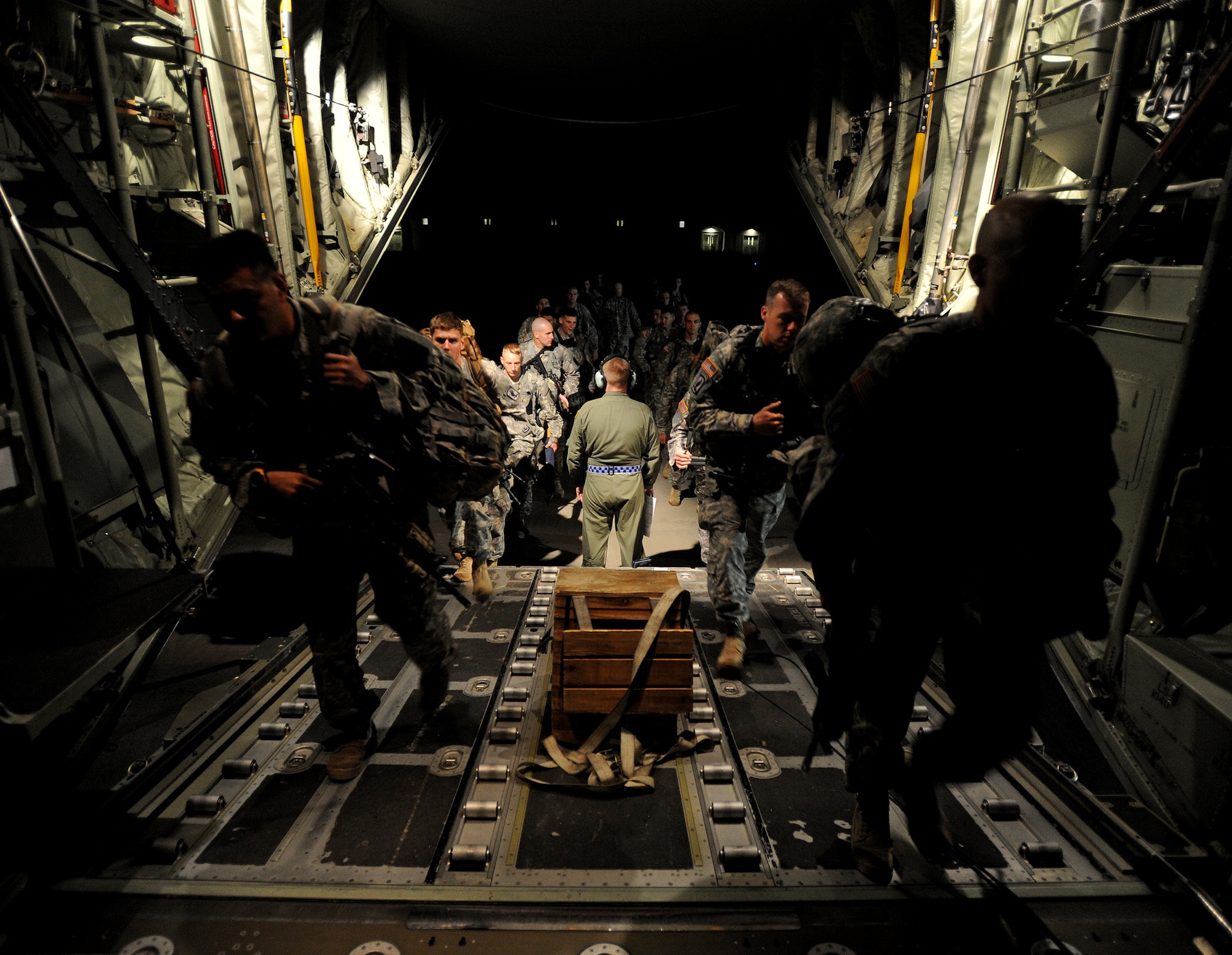 Approximately 150 U.S. Army Soldiers from the 173rd Infantry Brigade Combat Team, Airborne, out of Vicenza, Italy, depart from Aviano Air Base, Italy, April 26, 2014, for Lithuania, on two U.S. Air Force C-130J Super Hercules. The Soldiers will conduct joint NATO training, the first in a series of expanded U.S. land force training activities in Poland and the Baltic region scheduled for the next few months. Additional companies from the 173rd IBCT will arrive in Latvia, Poland and Estonia for similar exercises in the coming days. (U.S. Air Force photo/Staff Sgt. R.J. Biermann)