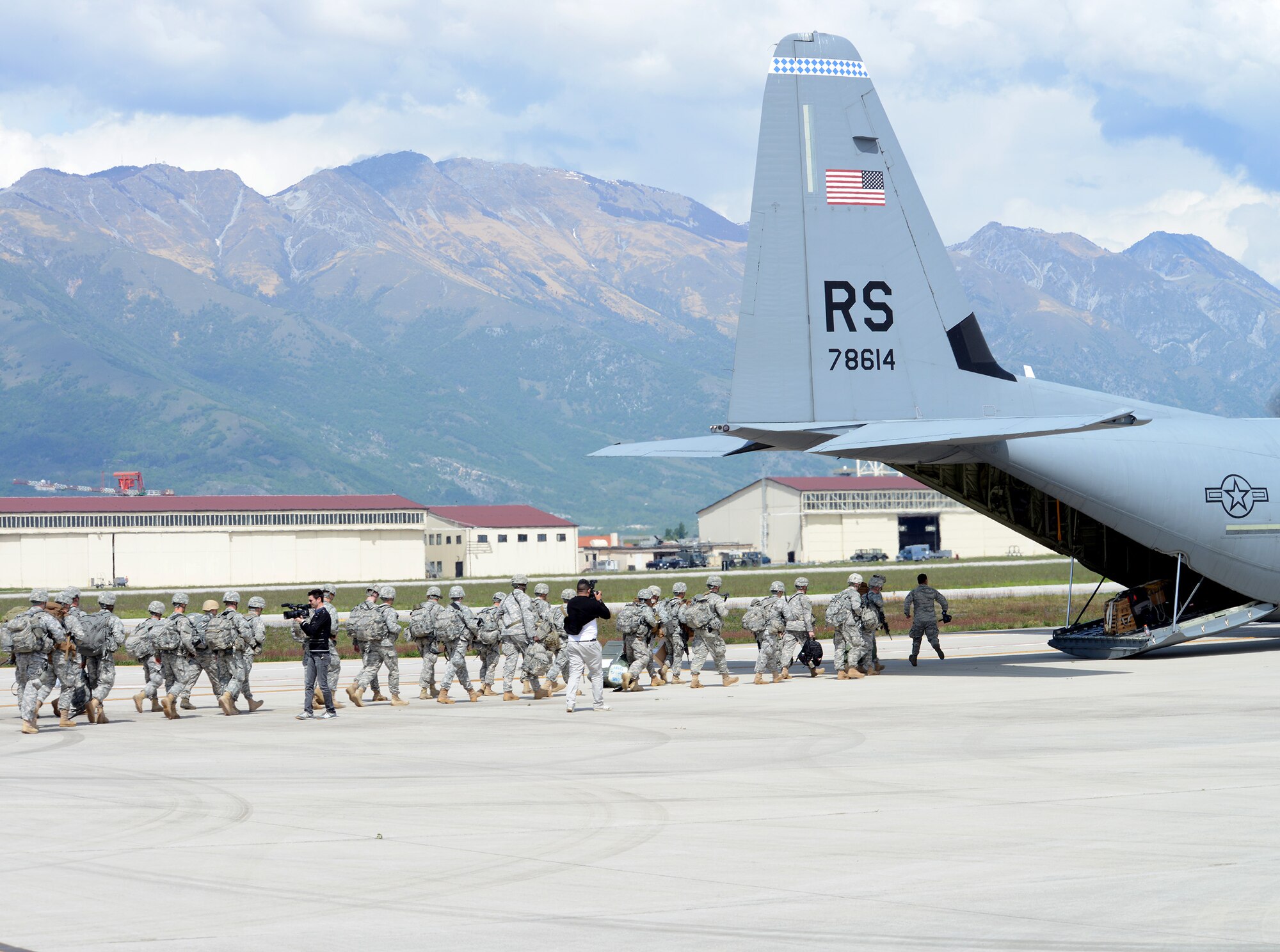 Approximately 150 U.S. Army Soldiers from the 173rd Infantry Brigade Combat Team, Airborne, out of Vicenza, Italy, depart from Aviano Air Base, Italy, April 23, 2014, for Poland, on two U.S. Air Force C-130J Super Hercules. The Soldiers will conduct joint NATO training, the first in a series of expanded U.S. land force training activities in Poland and the Baltic region scheduled for the next few months. Additional companies from the 173rd IBCT will arrive in Lithuania, Latvia and Estonia for similar exercises in the coming days. (U.S. Air Force photo/Staff Sgt. R.J. Biermann)

