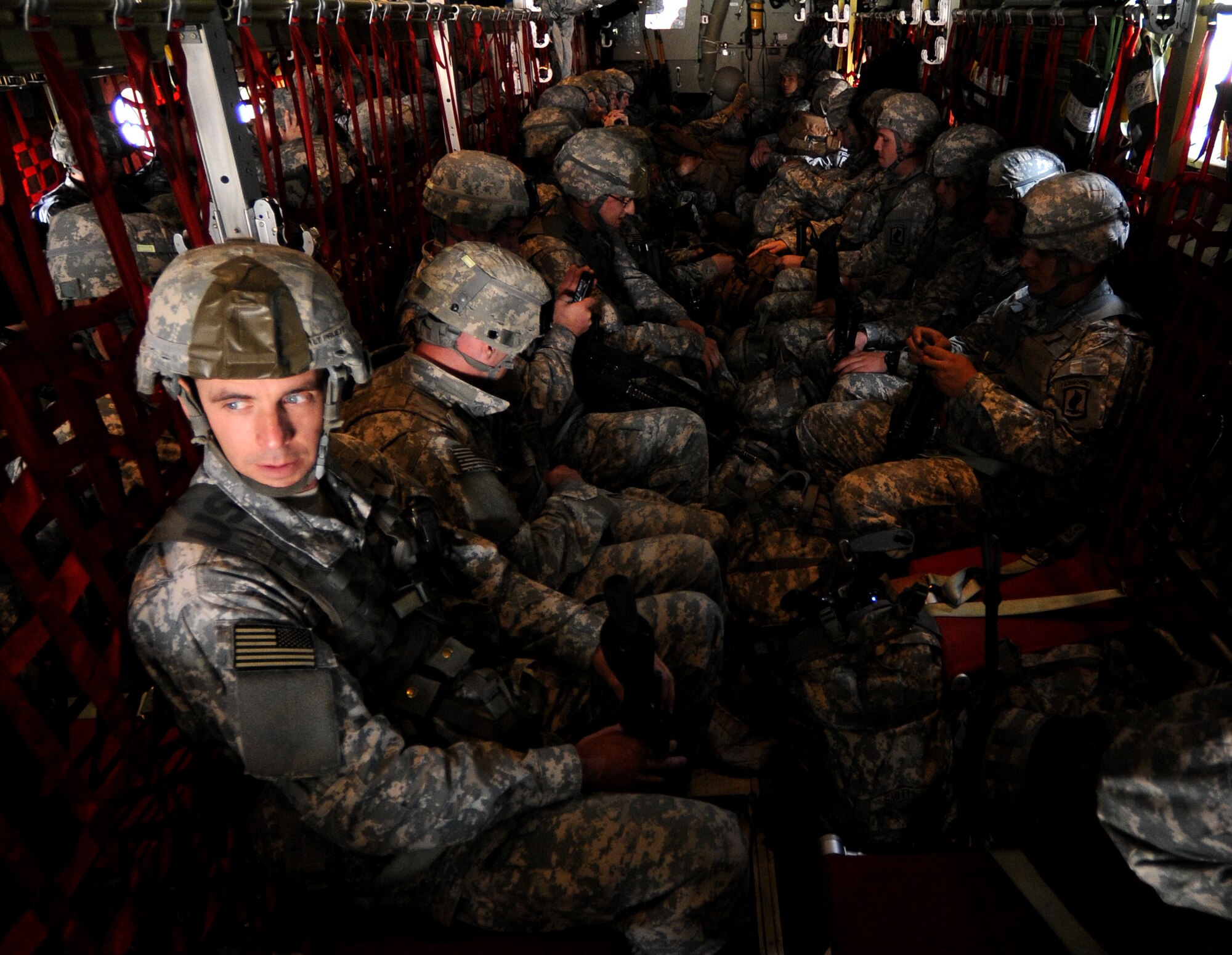 Approximately 150 U.S. Army Soldiers from the 173rd Infantry Brigade Combat Team, Airborne, out of Vicenza, Italy, depart from Aviano Air Base, Italy, April 23, 2014, for Poland, on two U.S. Air Force C-130J Super Hercules. The Soldiers will conduct joint NATO training, the first in a series of expanded U.S. land force training activities in Poland and the Baltic region scheduled for the next few months. Additional companies from the 173rd IBCT will arrive in Lithuania, Latvia and Estonia for similar exercises in the coming days. (U.S. Air Force photo/Staff Sgt. R.J. Biermann)

