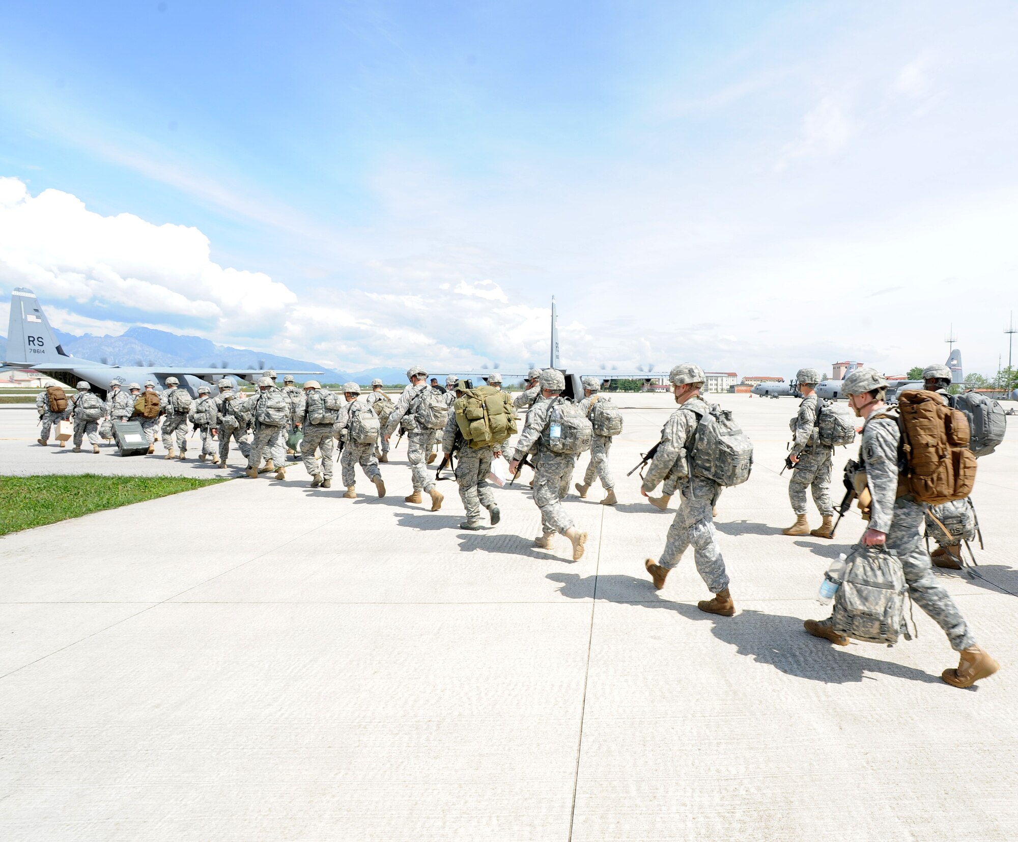 Approximately 150 U.S. Army Soldiers from the 173rd Infantry Brigade Combat Team, Airborne, out of Vicenza, Italy, depart from Aviano Air Base, Italy, April 23, 2014, for Poland, on two U.S. Air Force C-130J Super Hercules. The Soldiers will conduct joint NATO training, the first in a series of expanded U.S. land force training activities in Poland and the Baltic region scheduled for the next few months. Additional companies from the 173rd IBCT will arrive in Lithuania, Latvia and Estonia for similar exercises in the coming days. (U.S. Air Force photo/Staff Sgt. R.J. Biermann)

